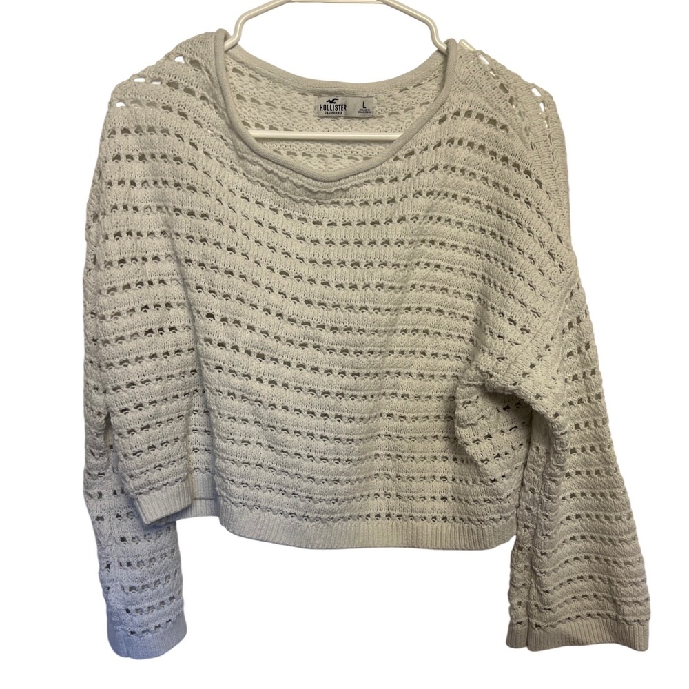Hollister Women Cream Open Knit Cropped Sweater L Long Sleeve Boho‎ Beach Cottag